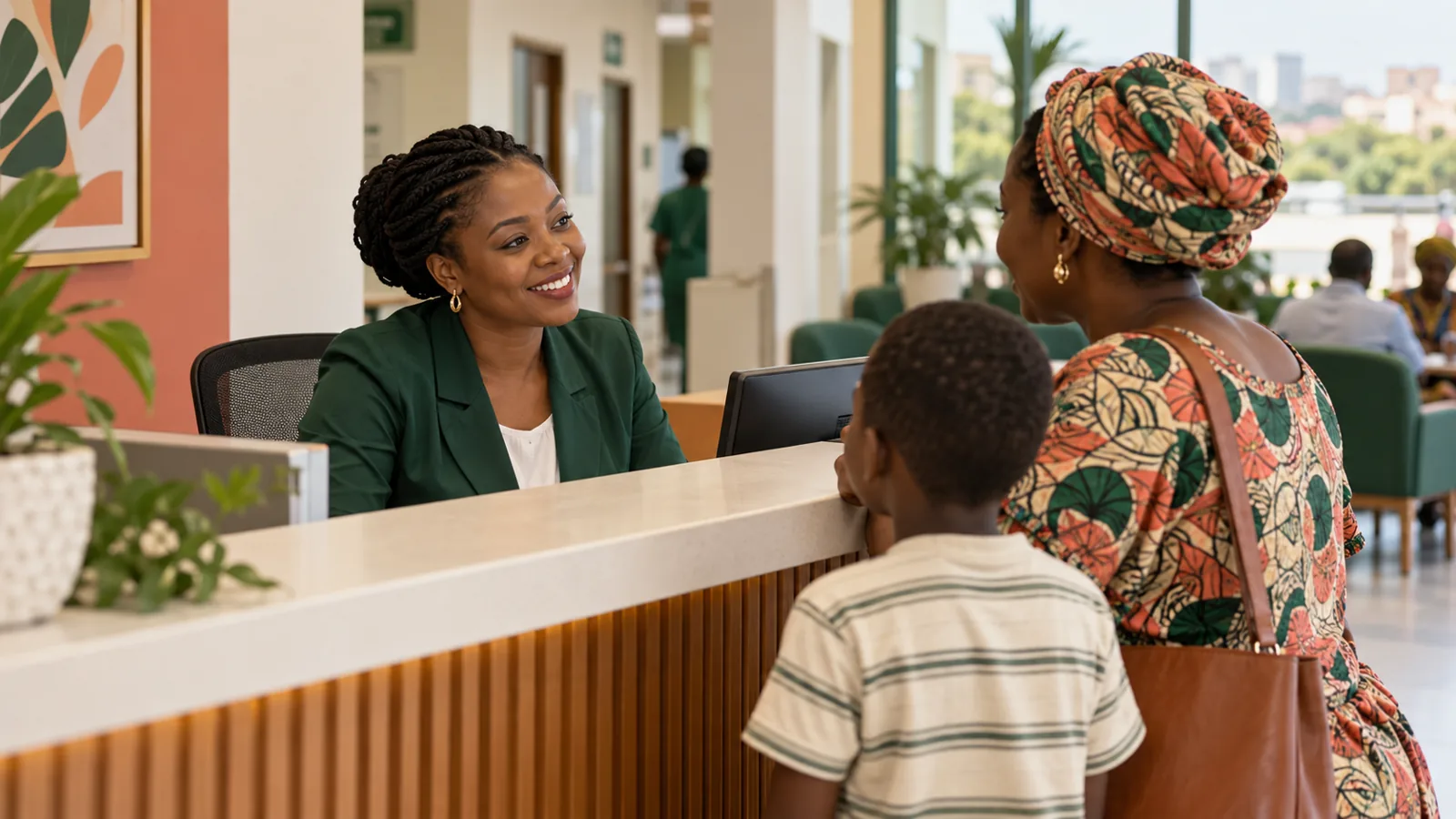 Clinic staff speaking with a family member