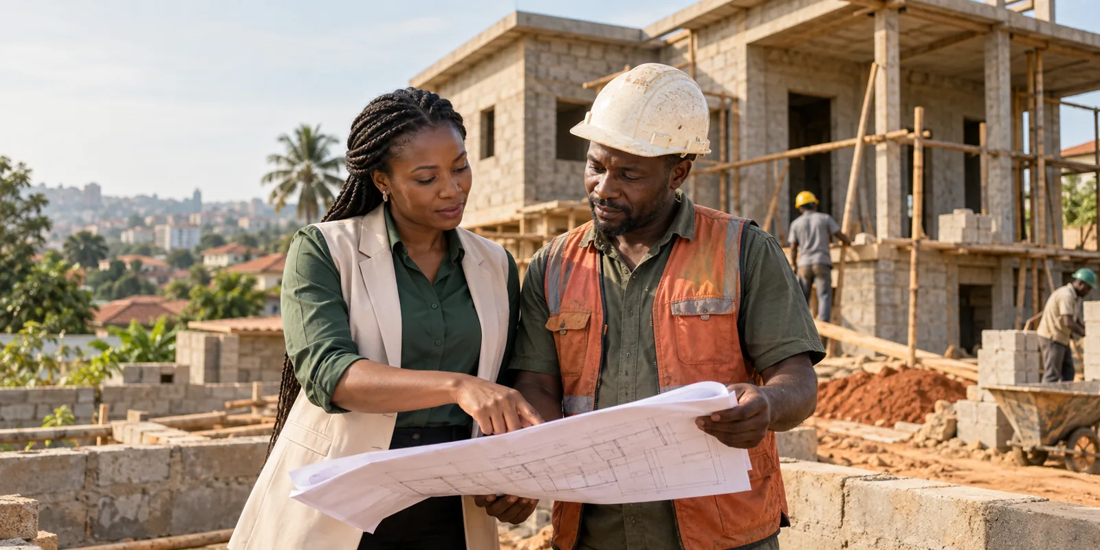 Construction professionals reviewing a residential project plan