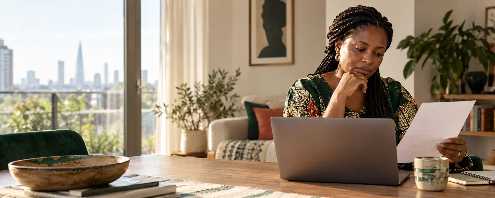 A parent at home reviewing a school fee letter